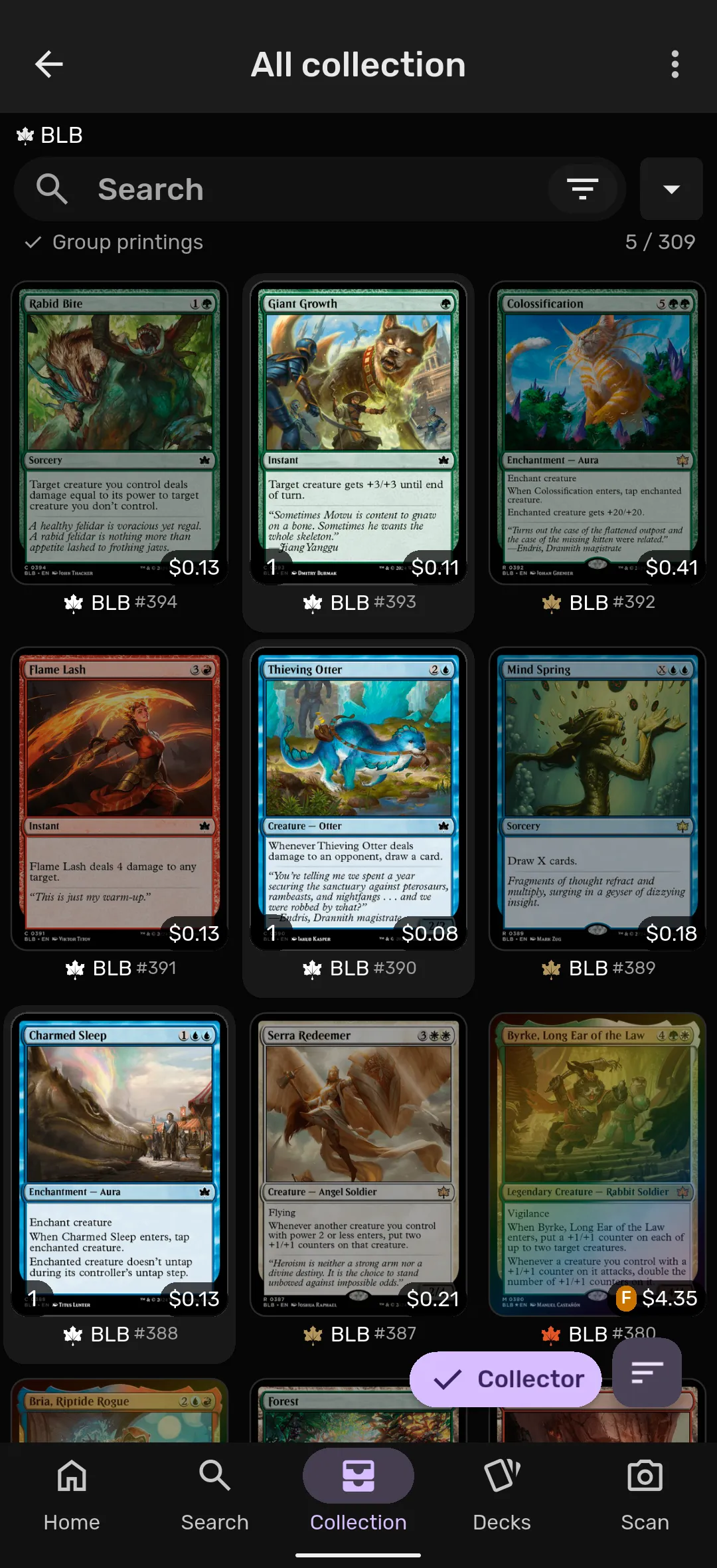 Collector mode card grid