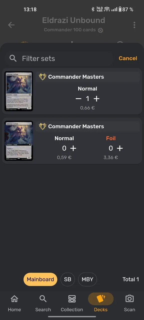 Selector de versiones en el mazo